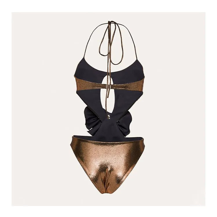 Gold handmade halter neck one-piece swimsuit with hollow-out design