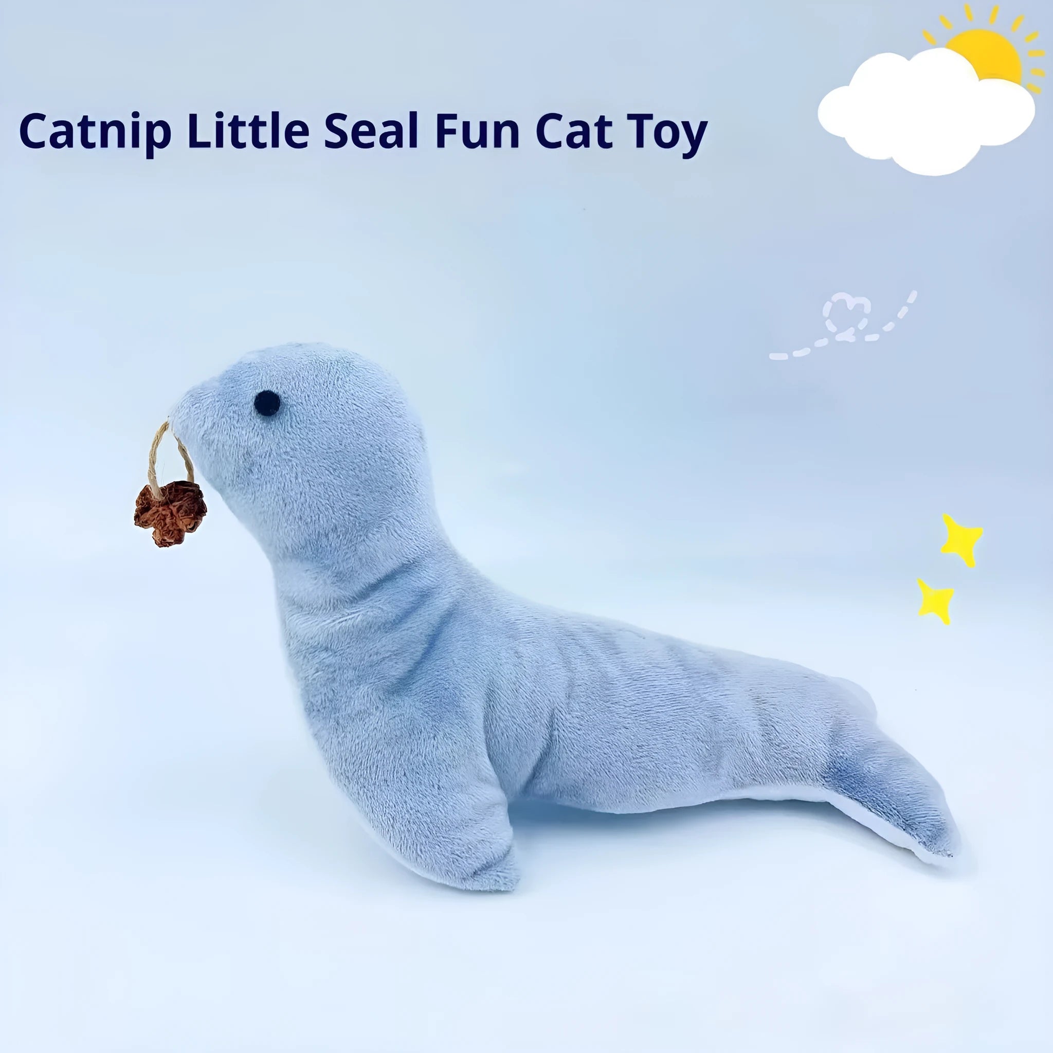 Blue sea lion shaped plush cat toy with bell, catnip section and teeth grinding texture
