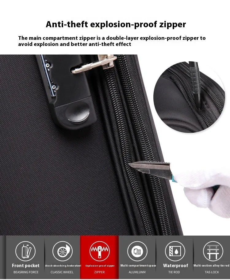 Black 18-inch Oxford cloth carry-on spinner suitcase with telescopic handle on airport carpet.