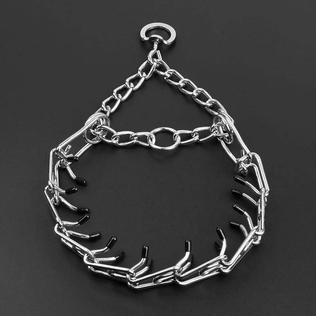 Stainless steel dog prong training collar with rubber tips in adjustable sizes for medium and small dogs