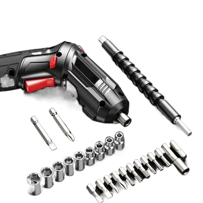 Compact lithium electric screwdriver gun with a utility carry bag on a workbench.