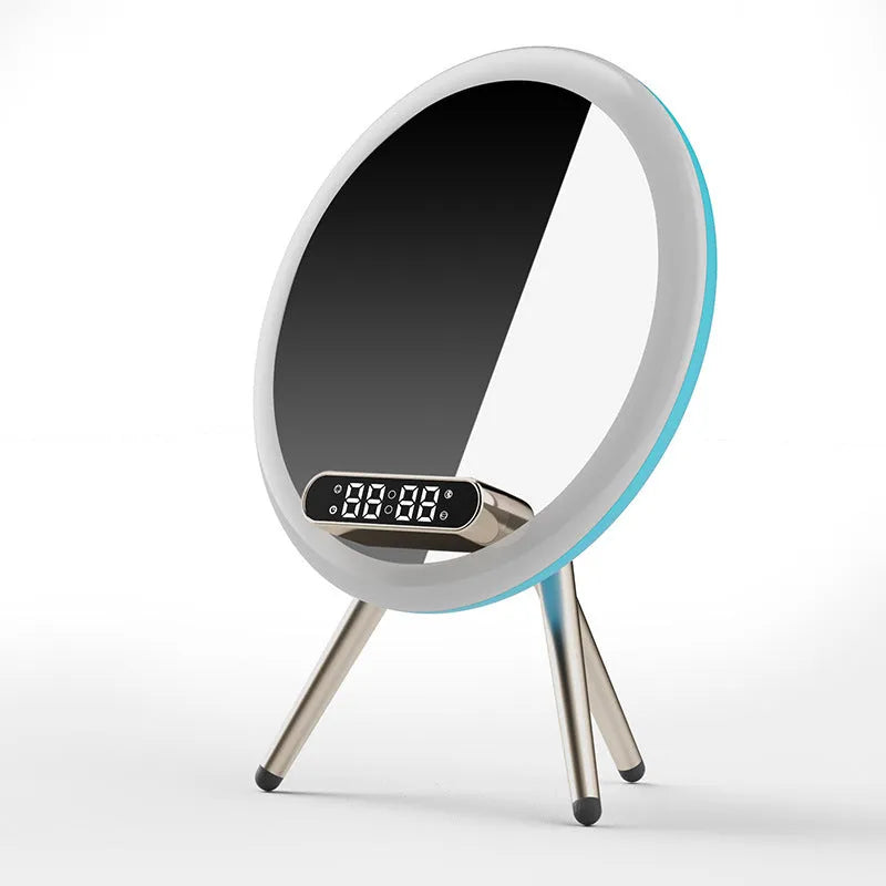 Multi-function LED mirror alarm clock with wireless charger and Bluetooth speaker in white, showing clock display and acrylic mirror surface