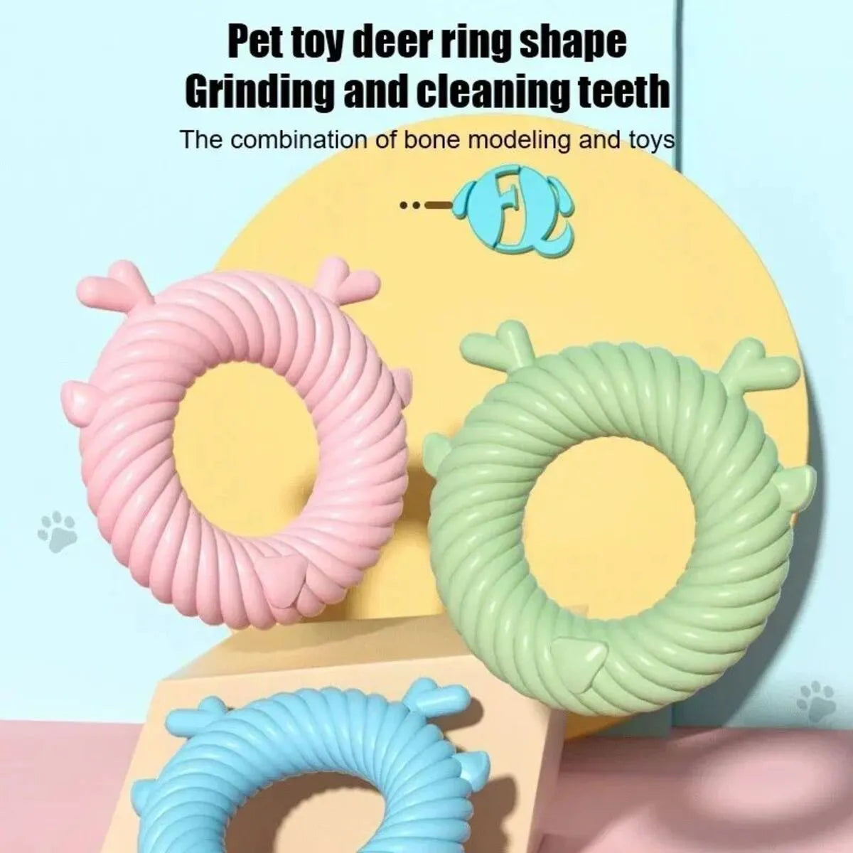 Deer-shaped dog teething toy with spiral grooves in blue, pink, or green colour options