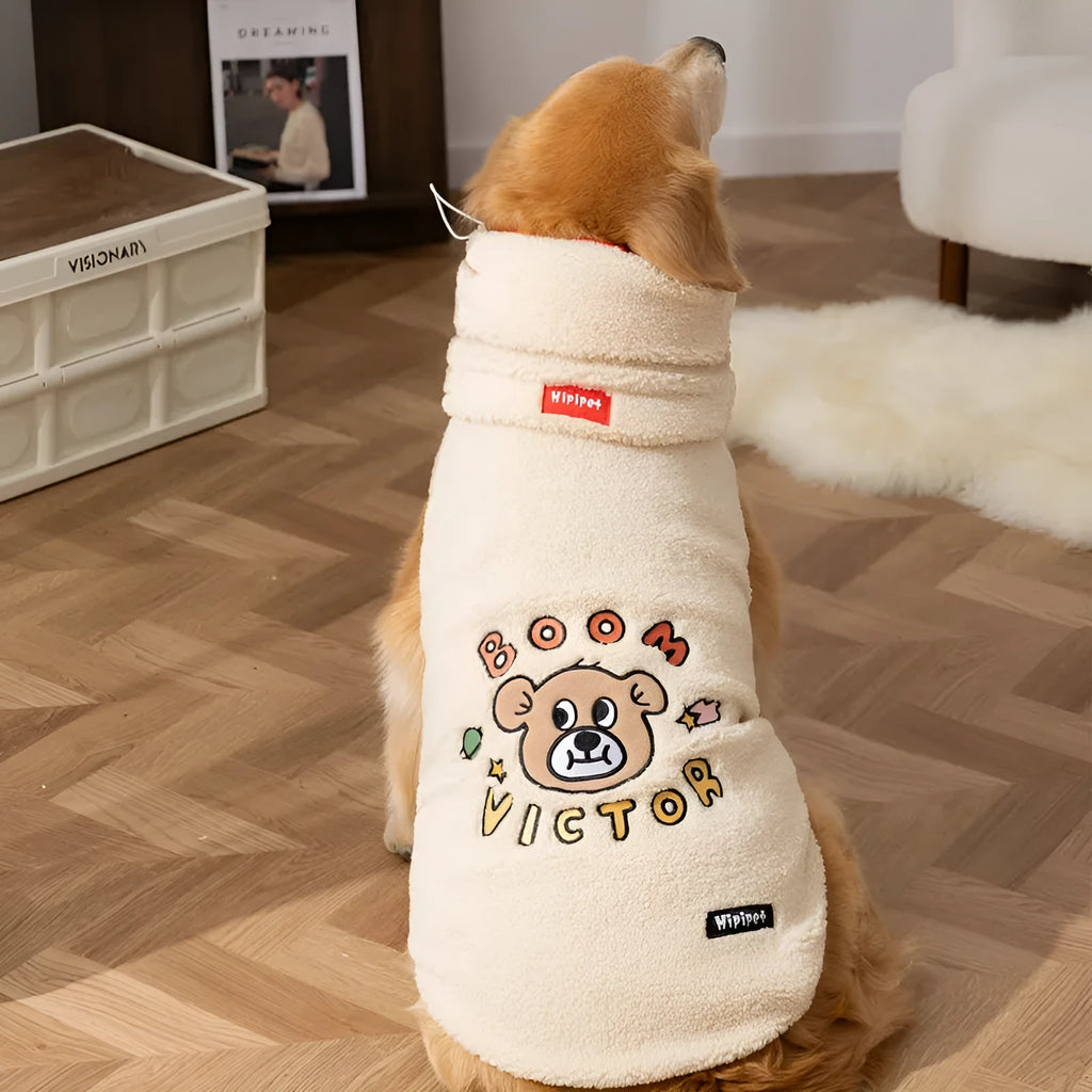 Sherpa fabric pet vest in beige with bear pattern, for large dogs, high collar, available sizes 3XL to 8XL