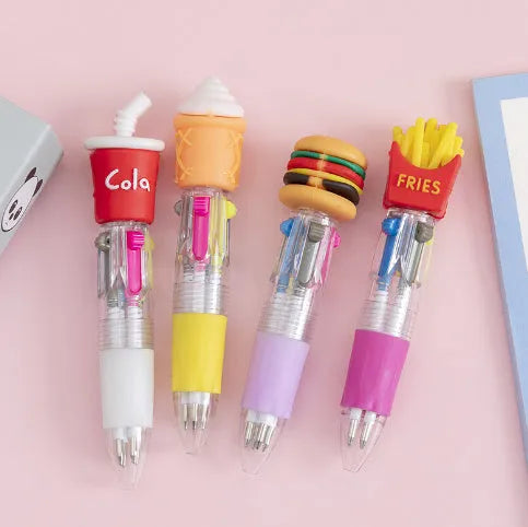 Cartoon Cute Object four-colour press ballpoint pen with random design showing 0.7mm tip.