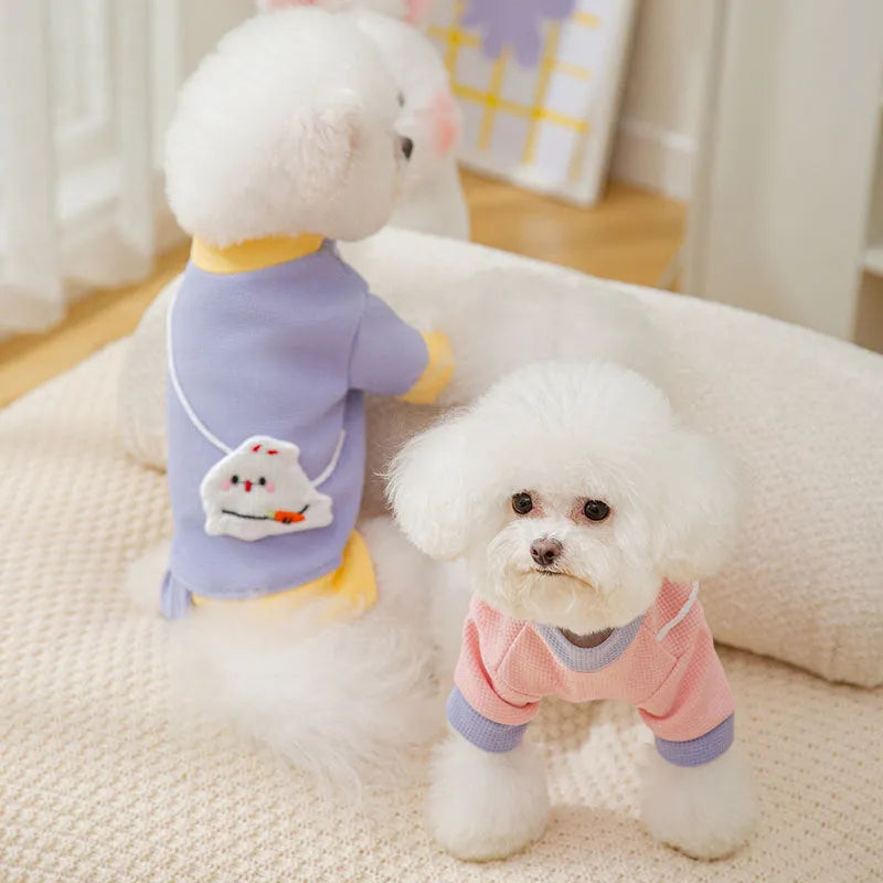 Cartoon bear print lightweight hoodie for small dogs in pink, side view on white background