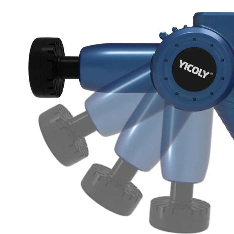 Black smart muscle massage gun with five different attachment heads on a grey background.