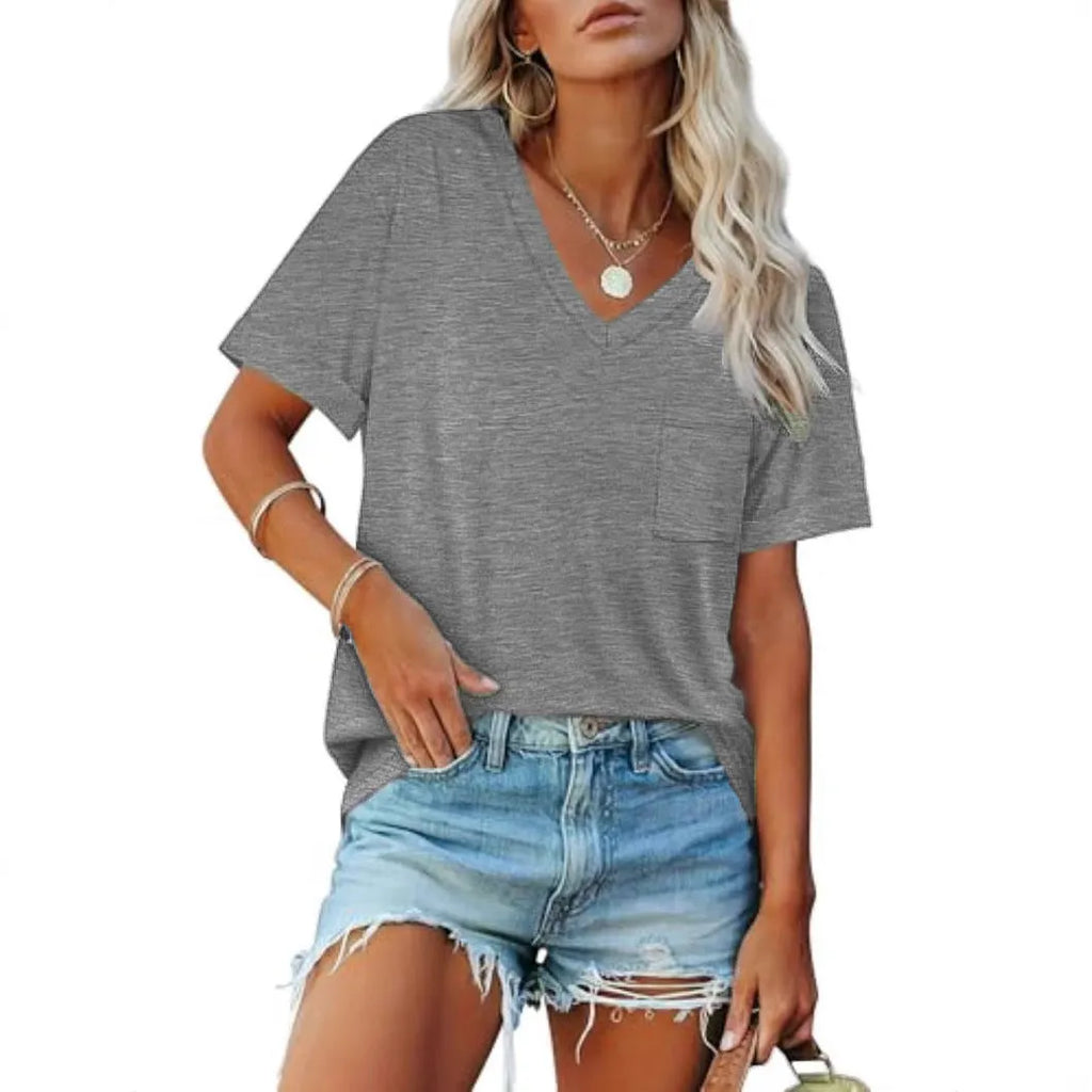 Grey loose-fit men's V-neck t-shirt with a chest pocket on a solid background.