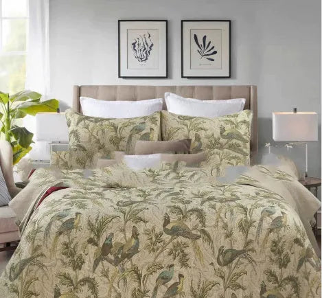 Blue American floral and bird pattern quilted cotton bedspread set on a bed, showing detailed stitching and 230x250cm size.