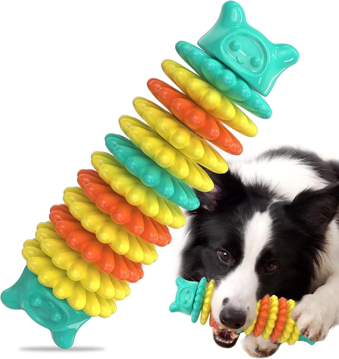 Blue rubber caterpillar-shaped dog chew toy on a white background.
