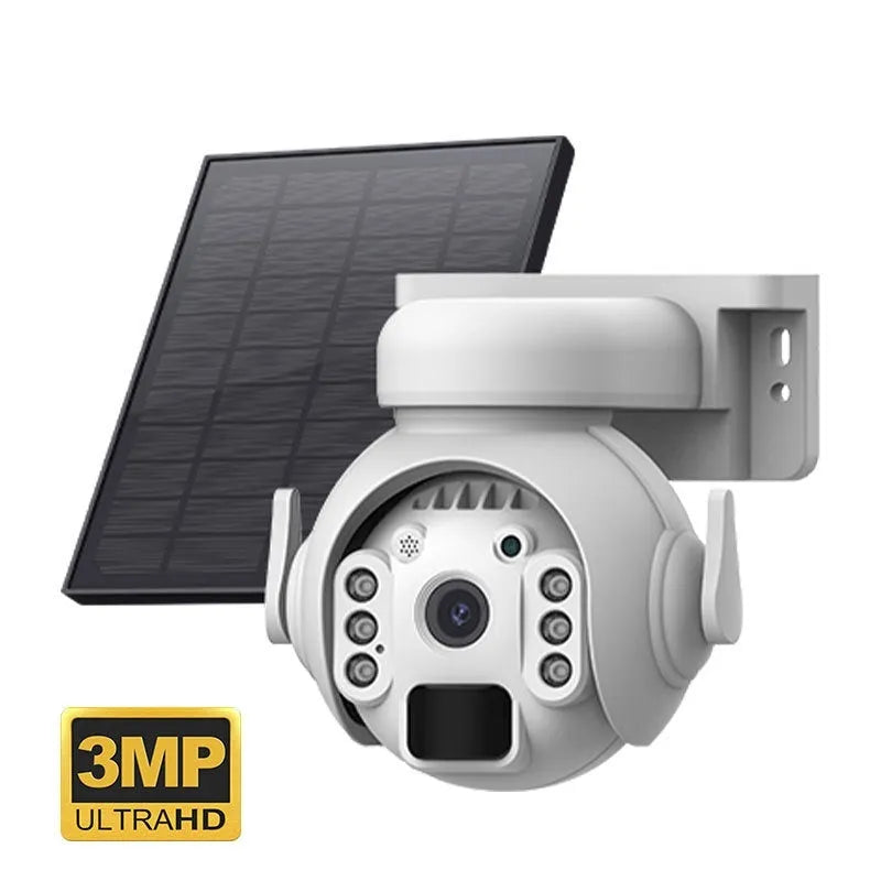 White solar-powered security camera with solar panel on top, mounted on an outdoor wall.