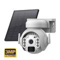 White solar-powered security camera with solar panel on top, mounted on an outdoor wall.