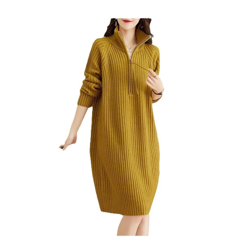Beige half-zip woollen midi dress with long sleeves and a stand collar, laid flat.