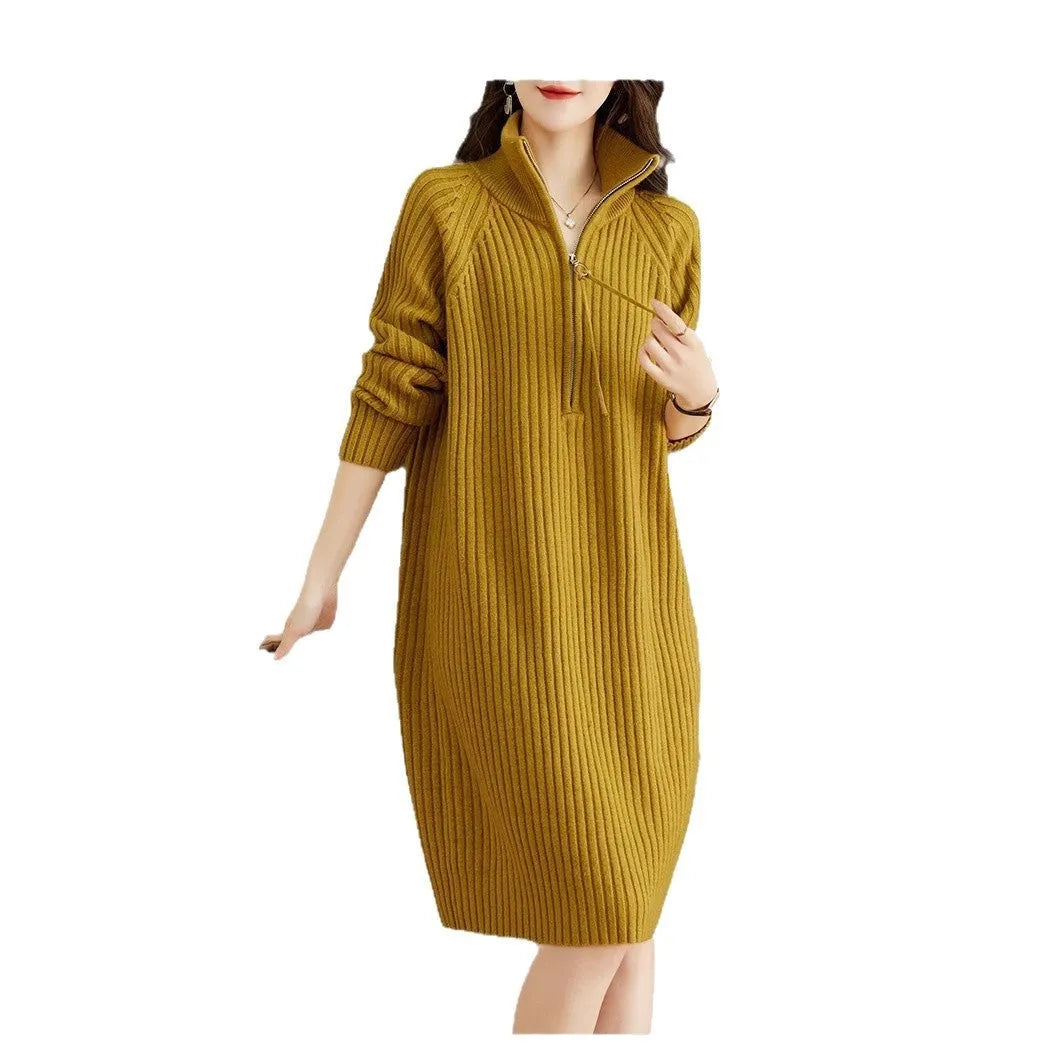 Beige half-zip woollen midi dress with long sleeves and a stand collar, laid flat.