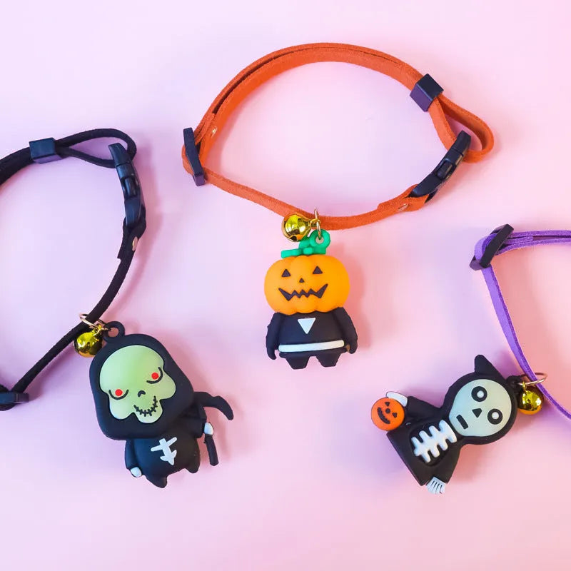 Halloween dog collar decoration in cartoon pumpkin or luminous designs on an adjustable polyester collar.
