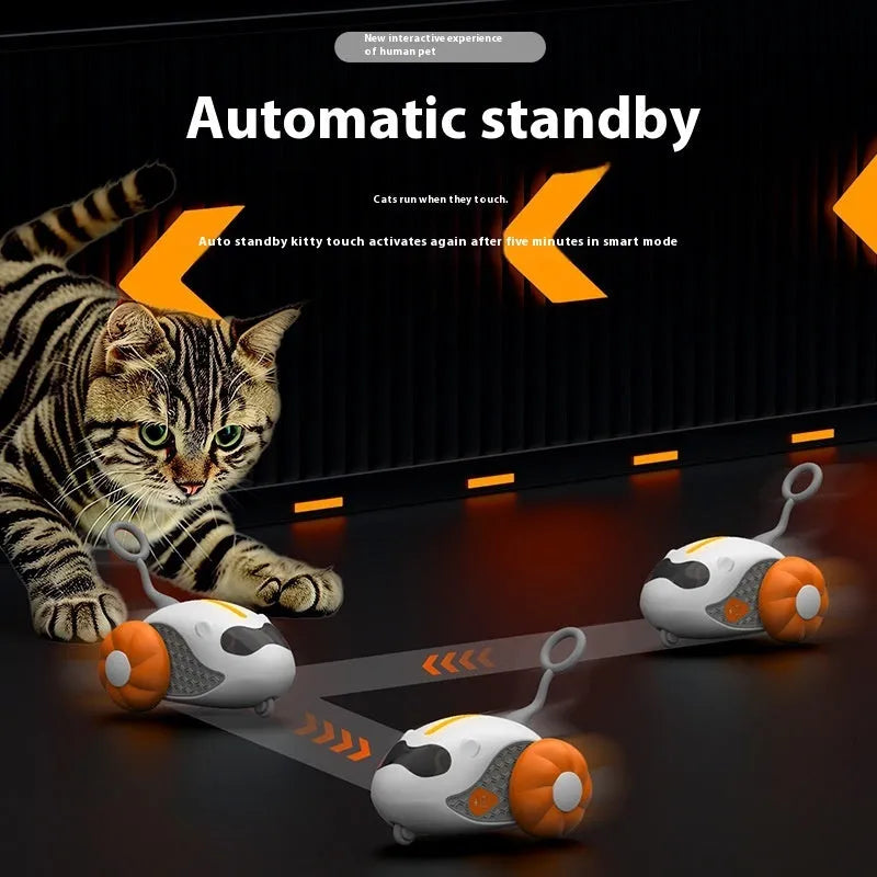 Orange remote control cat teaser car with feather attachment and wireless controller