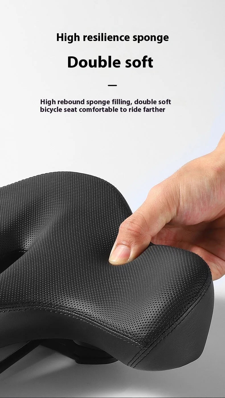 Black leather bicycle seat cushion with thick polyurethane foam padding.