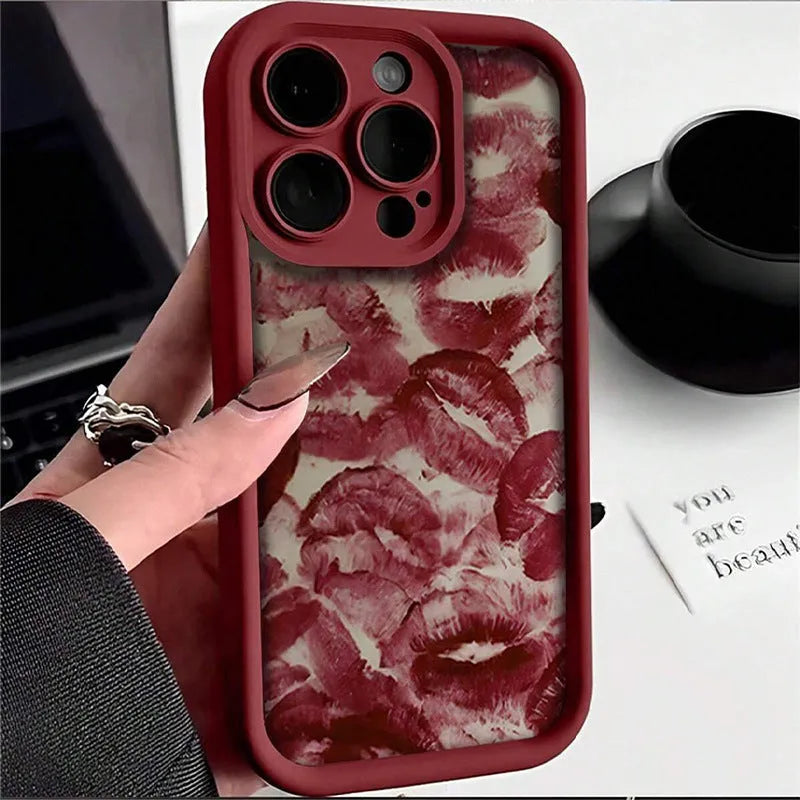 Wine red TPU phone case with red lip print frosted finish for Apple iPhone