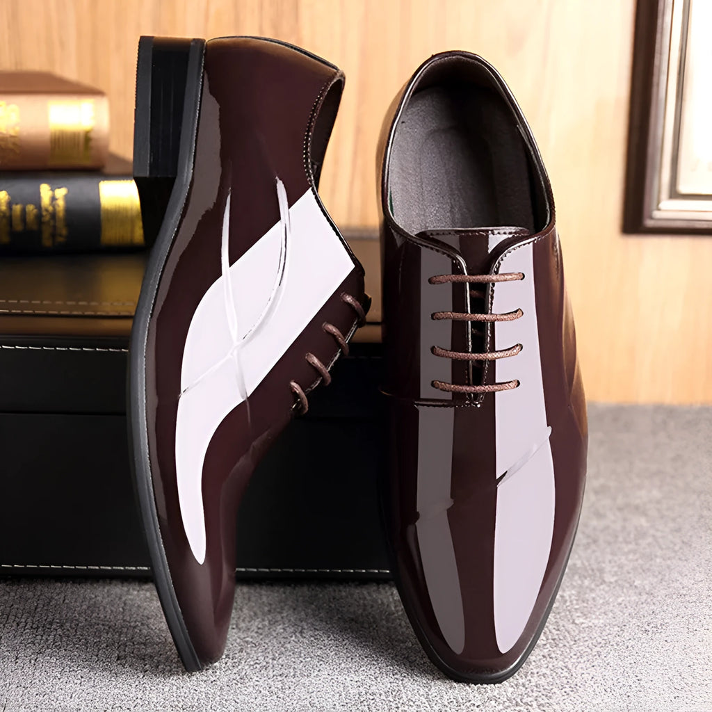 Men's black and brown business formal shoes with artificial PU upper showing classic toe shape