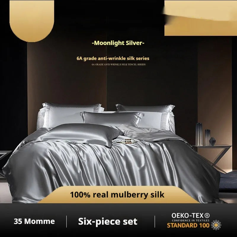 Household Fashion silk duvet cover and pillowcases in Morandi Pink colour on a bed