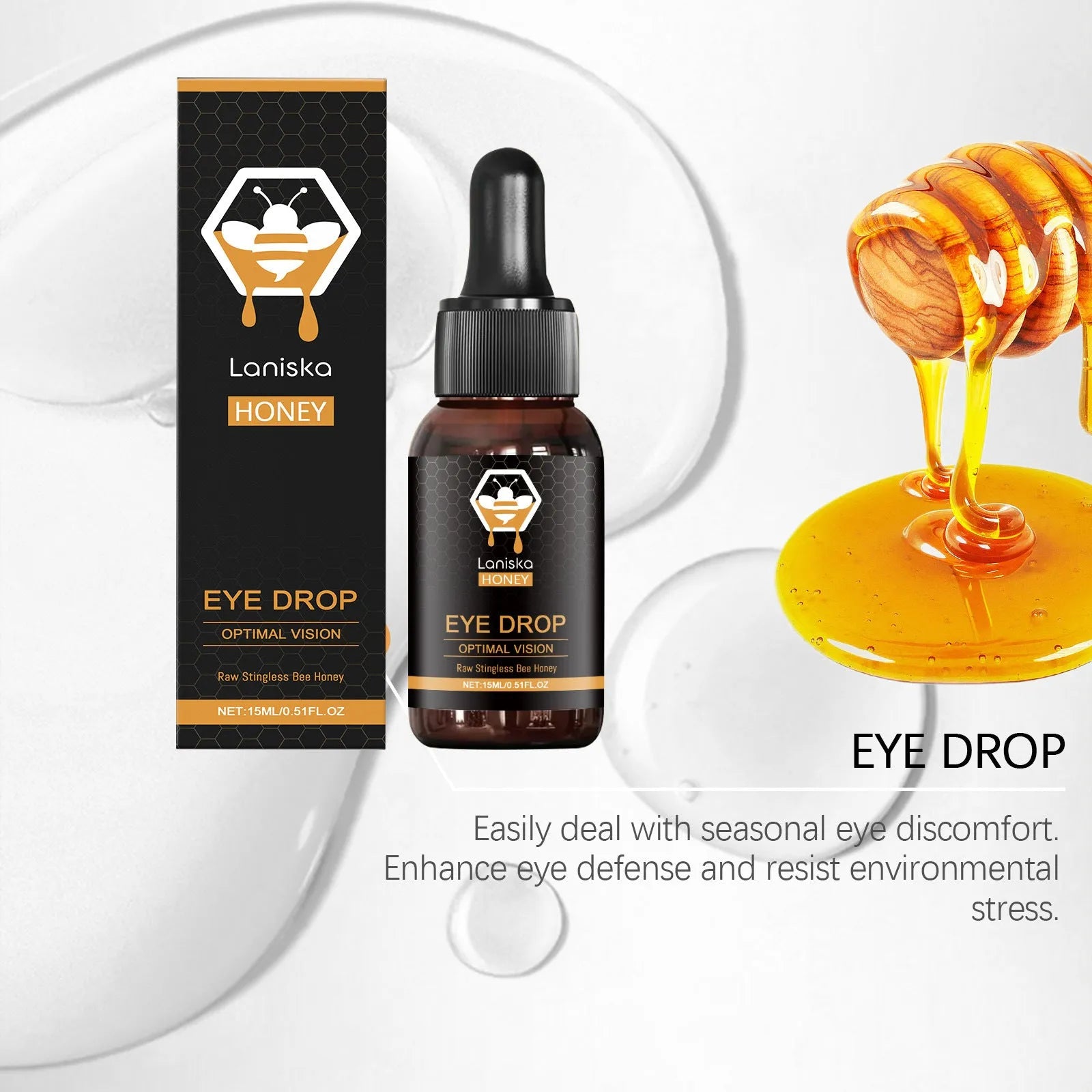 15ml bottle of Deep Fluid Honey Eye Drops for relieving eye fatigue and dryness.