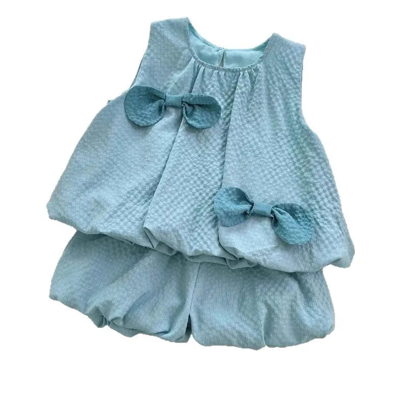 Girls' blue green bowknot sleeveless vest and shorts two-piece suit, summer outfit, size 100cm