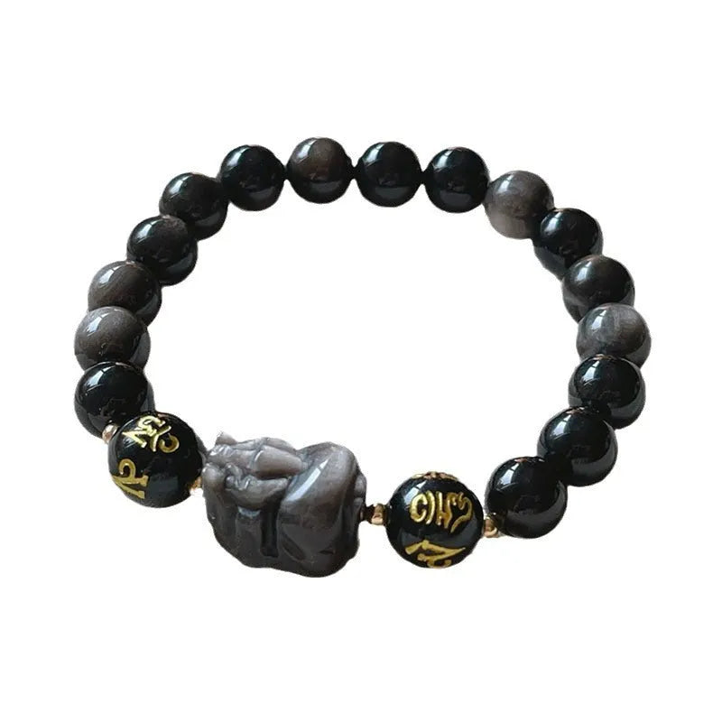 Men's natural silverstone bracelet with Chinese zodiac design and manual bead stringing