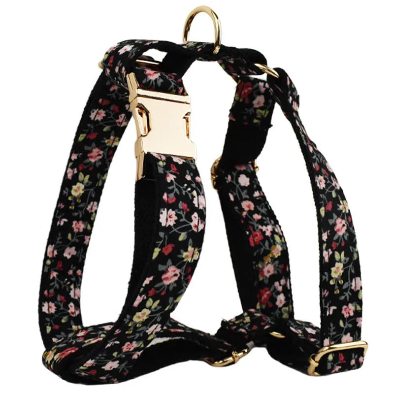Cloth dog collar set with removable bow, matching leash and vest in four-piece configuration