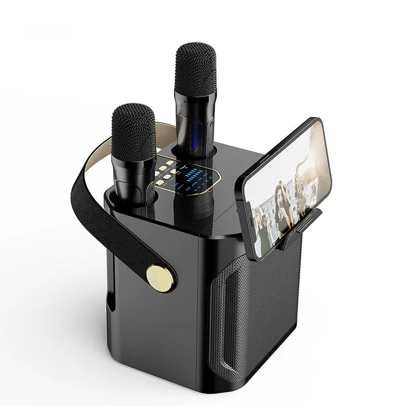Dual stereo portable karaoke speaker system with two wireless microphones in black