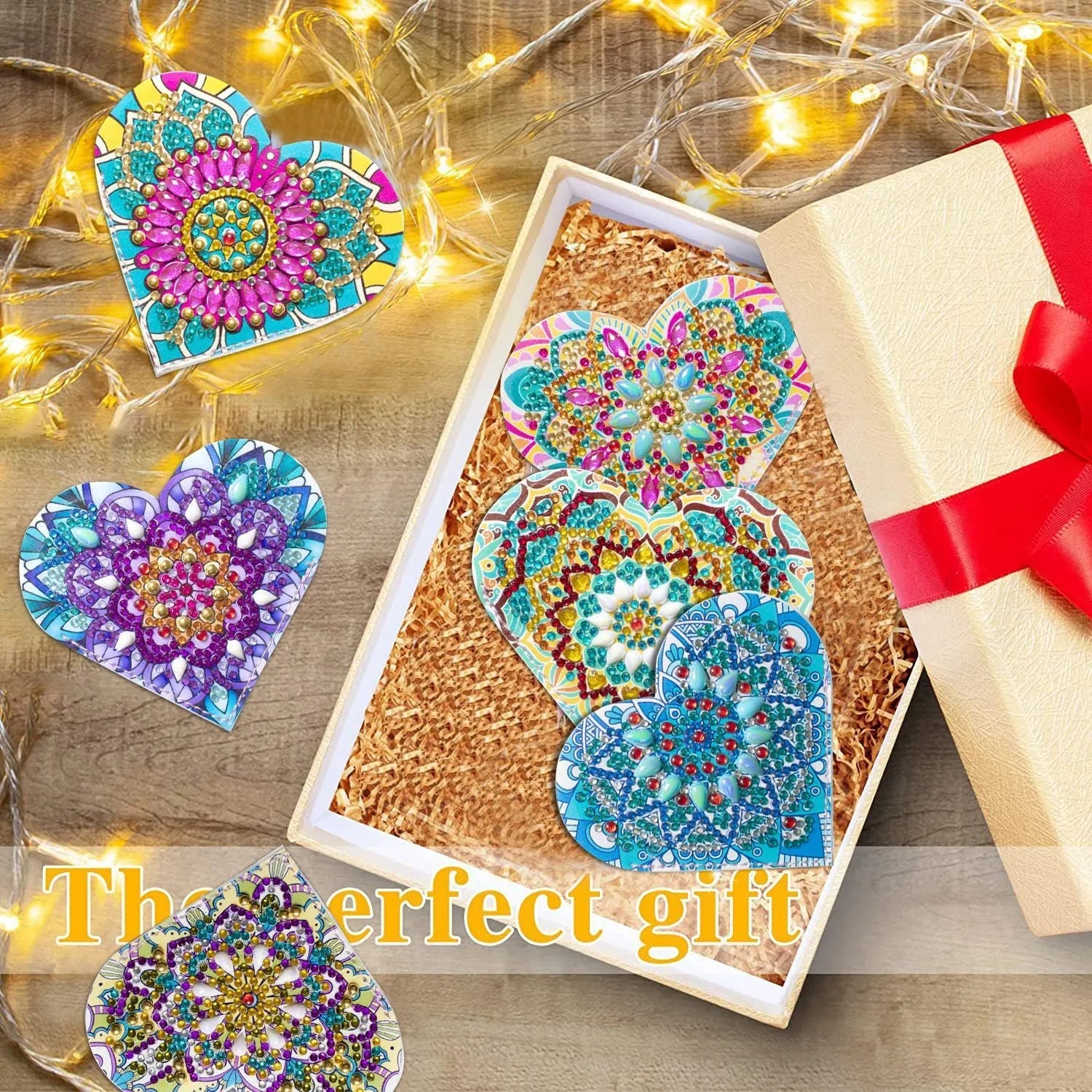 Set of six brown PU leather cornerite bookmarks with stick-on crystal and flower decoration.