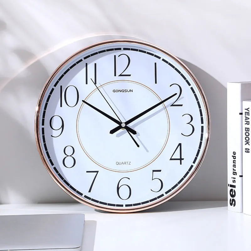 Round wall clock with Nordic design, 14 inch, white dial with black numbers, glass mirror cover