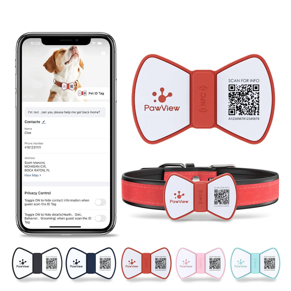NFC smart QR code silicone pet tag with bowknot in black, blue, pink, red on dog collar