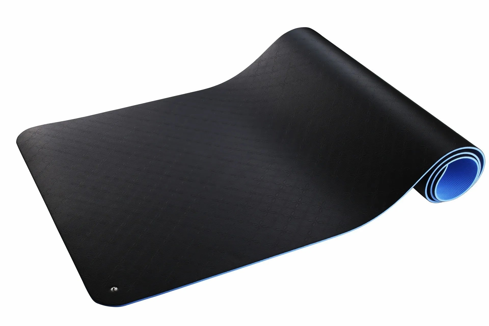 Blue conductive yoga mat with plant pattern and grounding wire, showing non-slip texture and 182cm length.