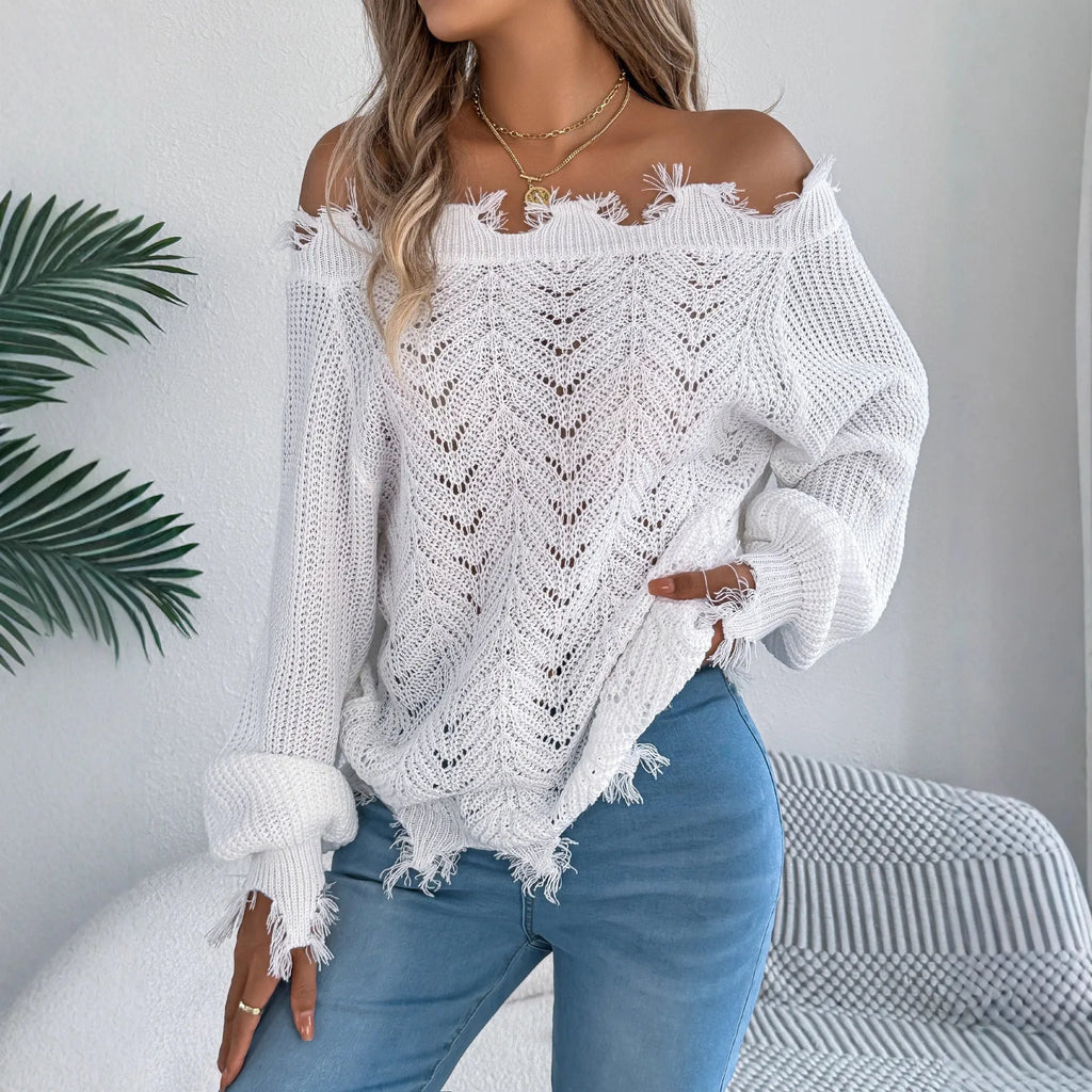 Hollow-out cut off-the-shoulder pullover sweater in artificial wool shown in black, orange, and white colours
