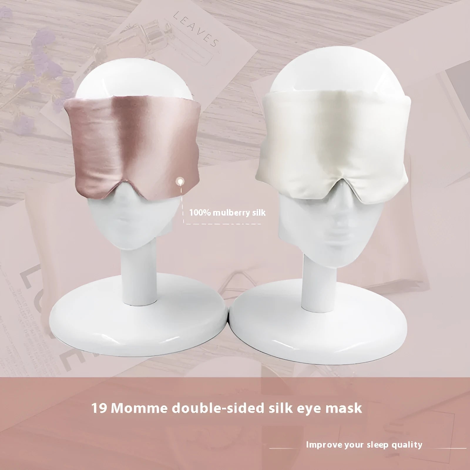 Mulberry silk sleep mask for light blocking in champagne gold colour on a dark background.