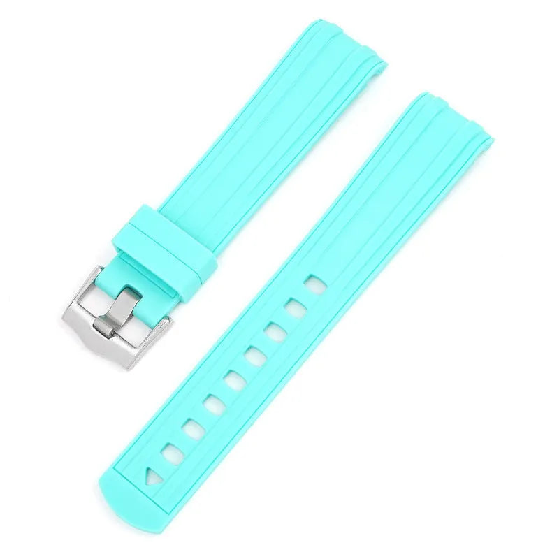 20mm Apple Watch replacement strap in multiple colours with silver buckle, shown fitting a watch.