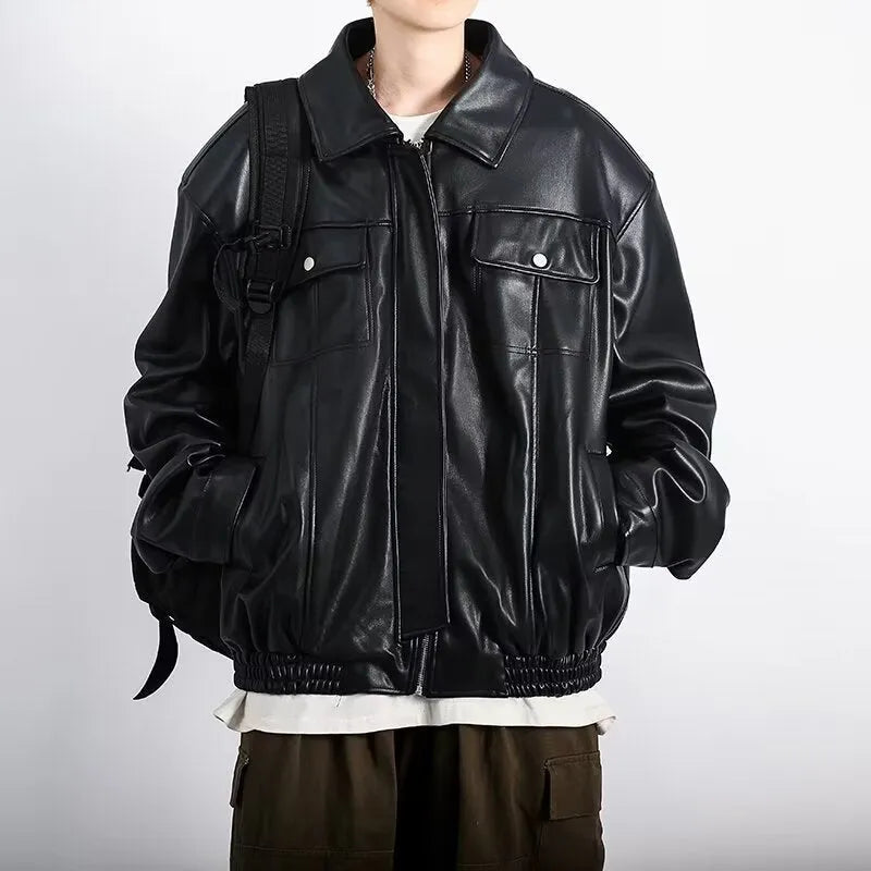 Black retro textured PU leather motorcycle jacket for men with loose fit