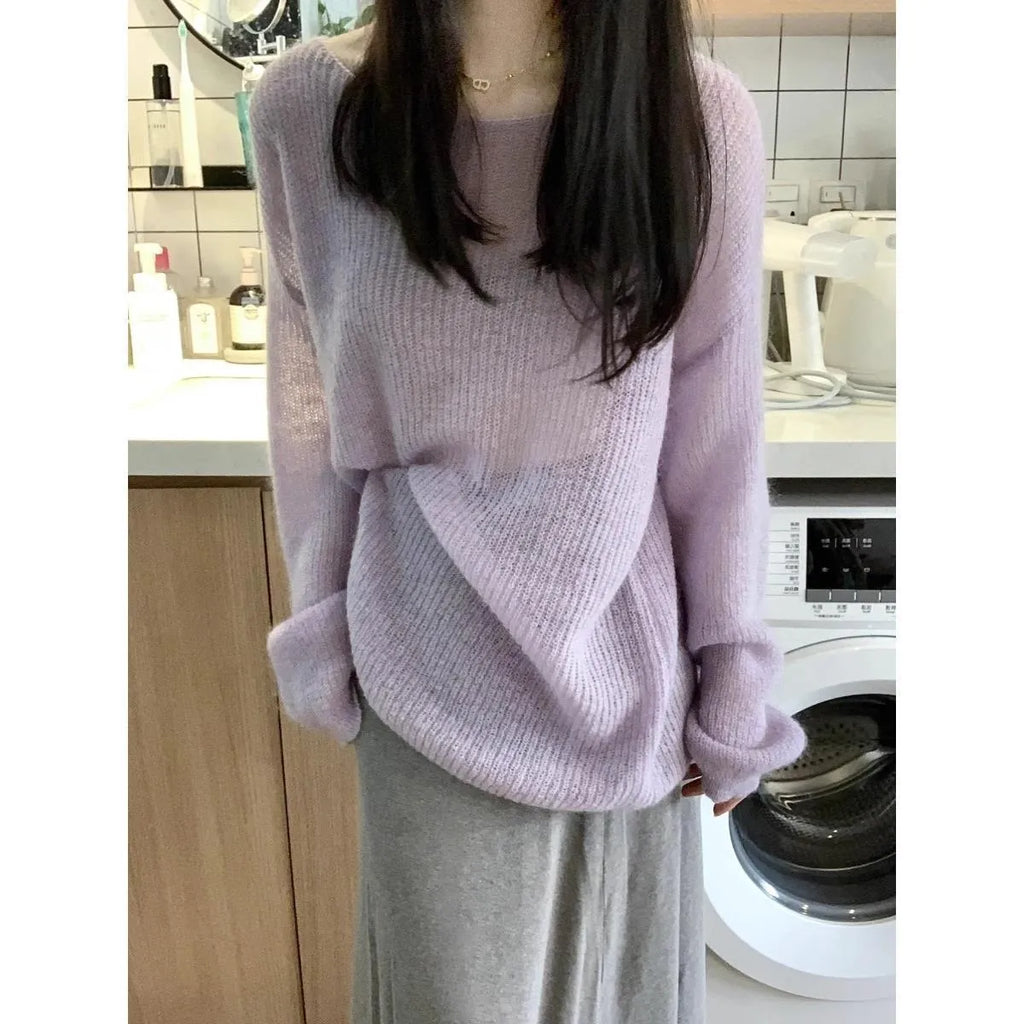 Purple women's hollow out blouse with princess sleeves, made from Ice Silk fabric.