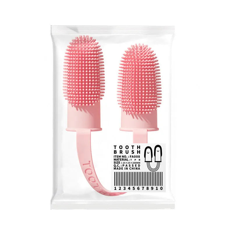 TPR double finger toothbrush set for pet dental cleaning in pink, blue green, and grass yellow colours