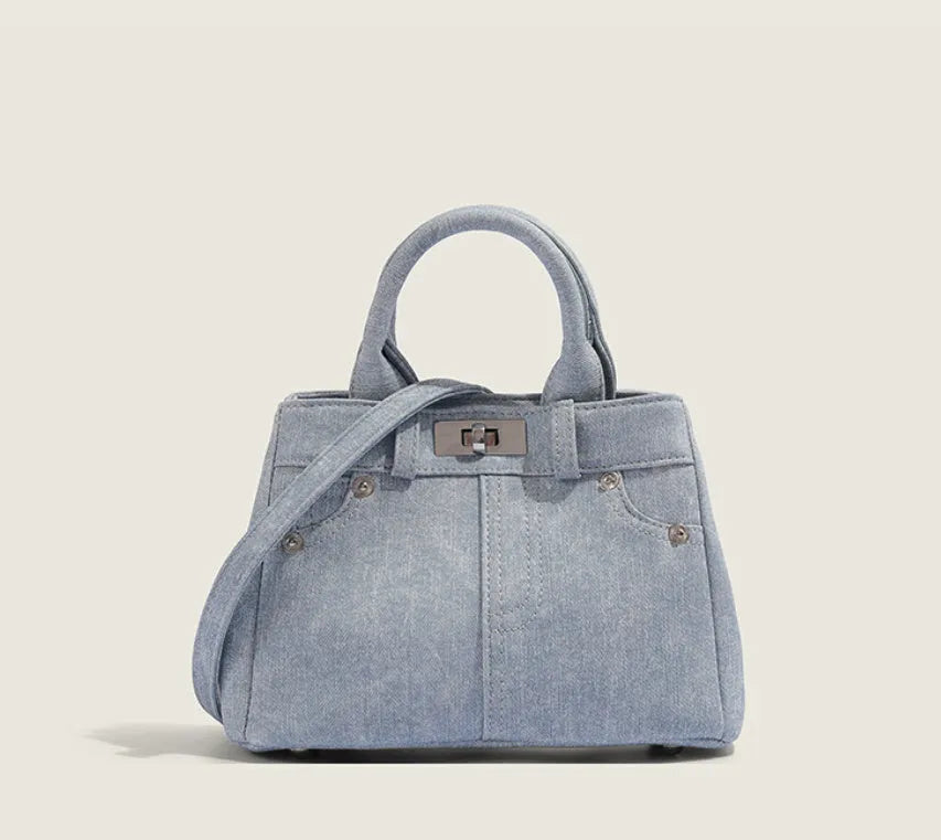 Women's casual denim shoulder handbag in soft PU material with standard sizing and polyester lining