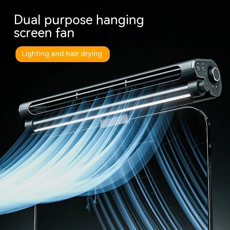 Black USB-powered bladeless fan with a screen clamp and integrated eye-protection lamp for computer desks.