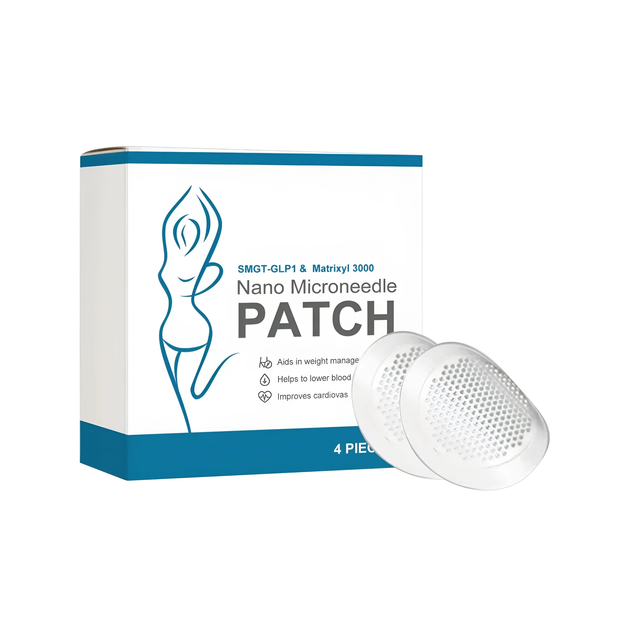 Four individual body shaping microneedle patches containing curcumin and peptides.