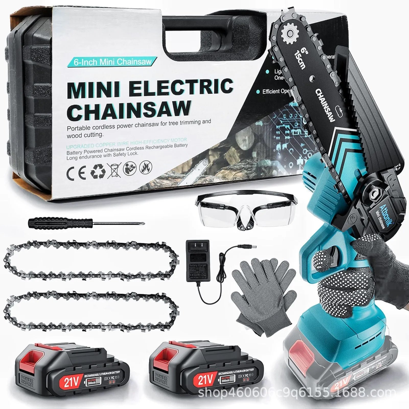 6-inch handheld cordless electric chainsaw with two batteries, safety goggles, gloves, and tools in a storage box