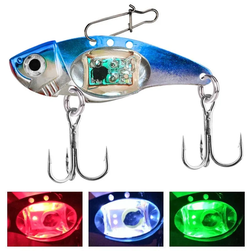 Luminous Metal Vib electronic fishing lure shown in blue body and red body colour options
