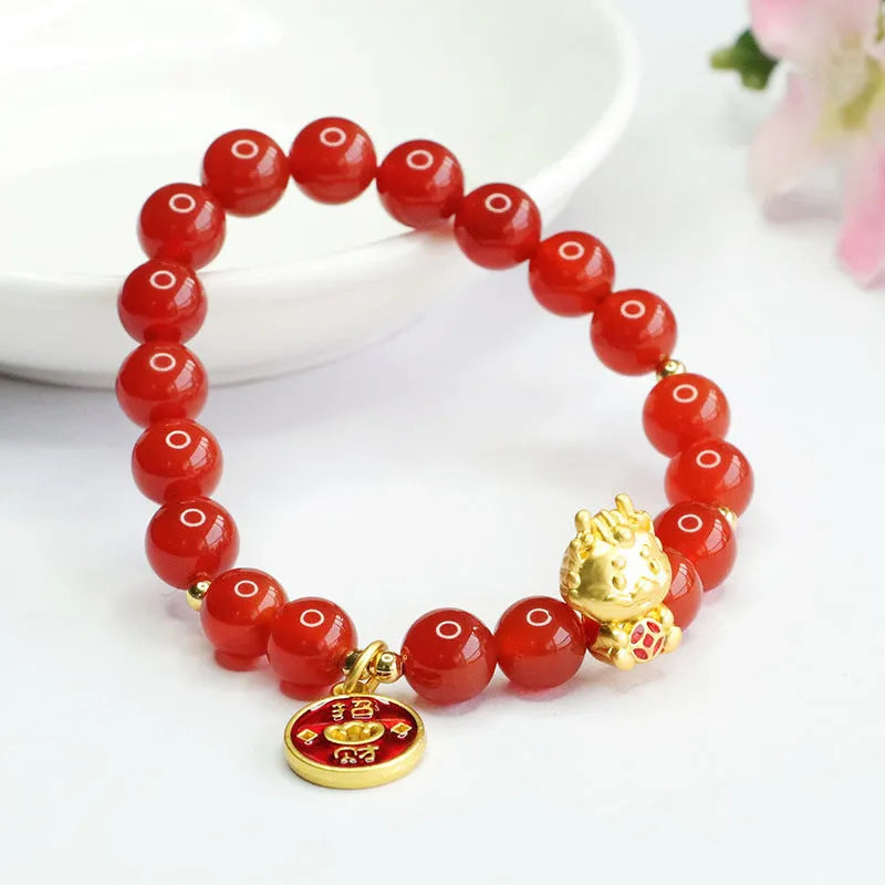Chinese style red agate zodiac dragon bracelet with 8mm beads.