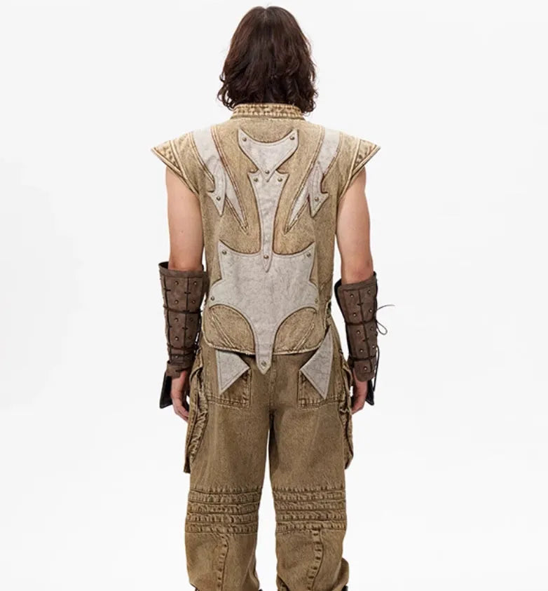 Men's Korean-style pleated denim vest in picture colour with cotton fabric construction
