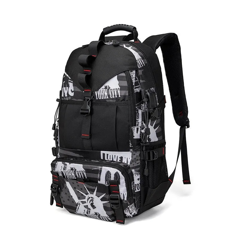 Men's black waterproof Oxford cloth hiking backpack showing front compartments and adjustable air pillow belt straps.
