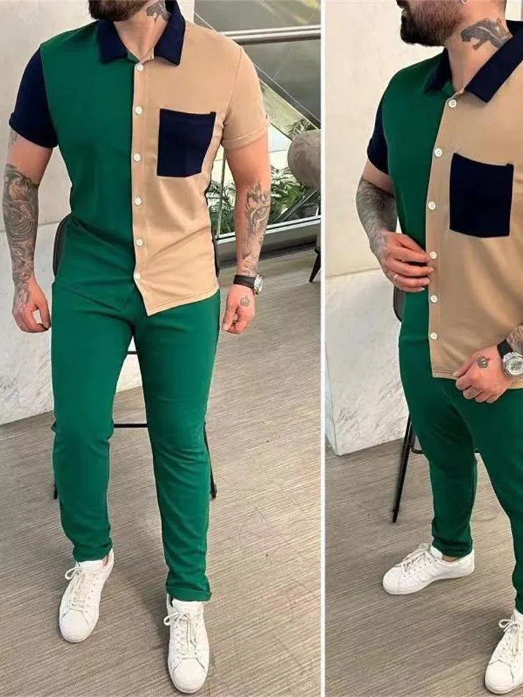 Men's short-sleeved shirt and trousers colour matching casual sports suit in cotton blend polyester, multiple colours