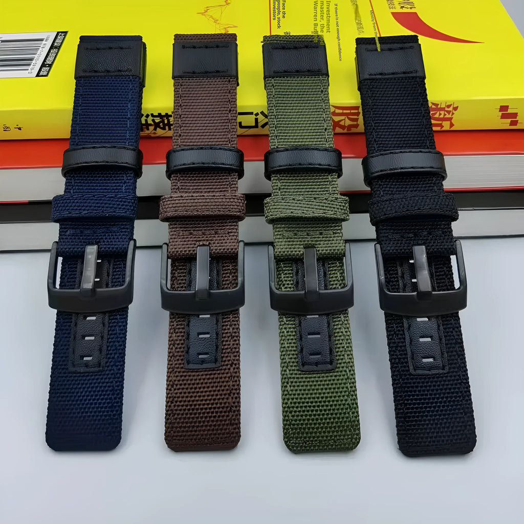 Oxford cloth watch strap in camouflage colour, showing textured fabric and metal buckle.