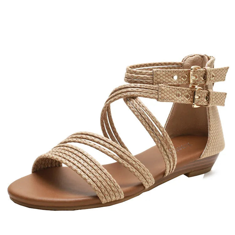Women's open toe sandals with thick rubber sole and back zipper closure in wedge heel design